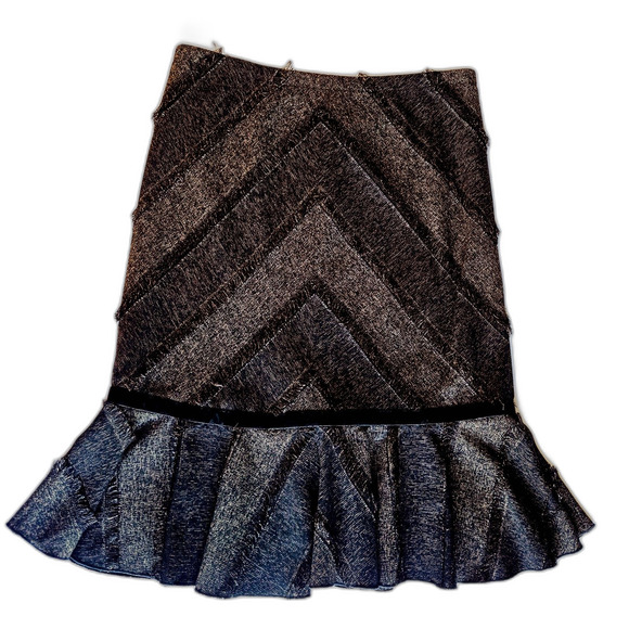 90s Style Insight Tweed Trumpet Skirt Size 10 Brown Fringed Velvet Bow Detailed - Picture 4 of 7